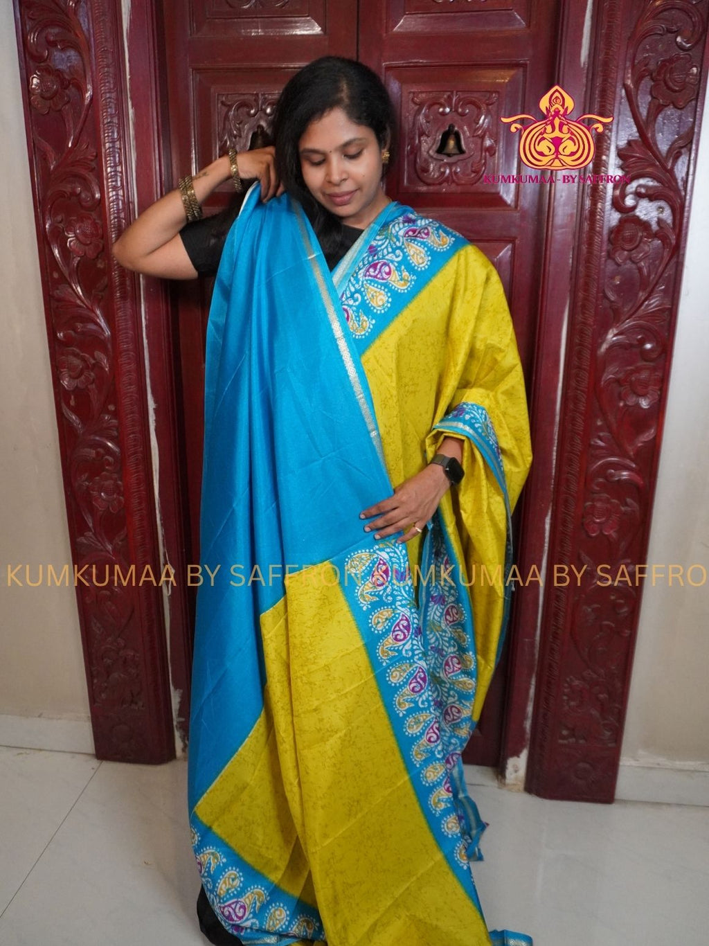 Dola Silk - COMFORTABLE FESTIVE Beautiful saree for women-YELLOW-LIGHT BLUE COLOUR - FLORAL PRINT&nbsp; - KUMKUMAA TRENDY TRADITIONAL WEAR - Comfort - Confidence - Elegance