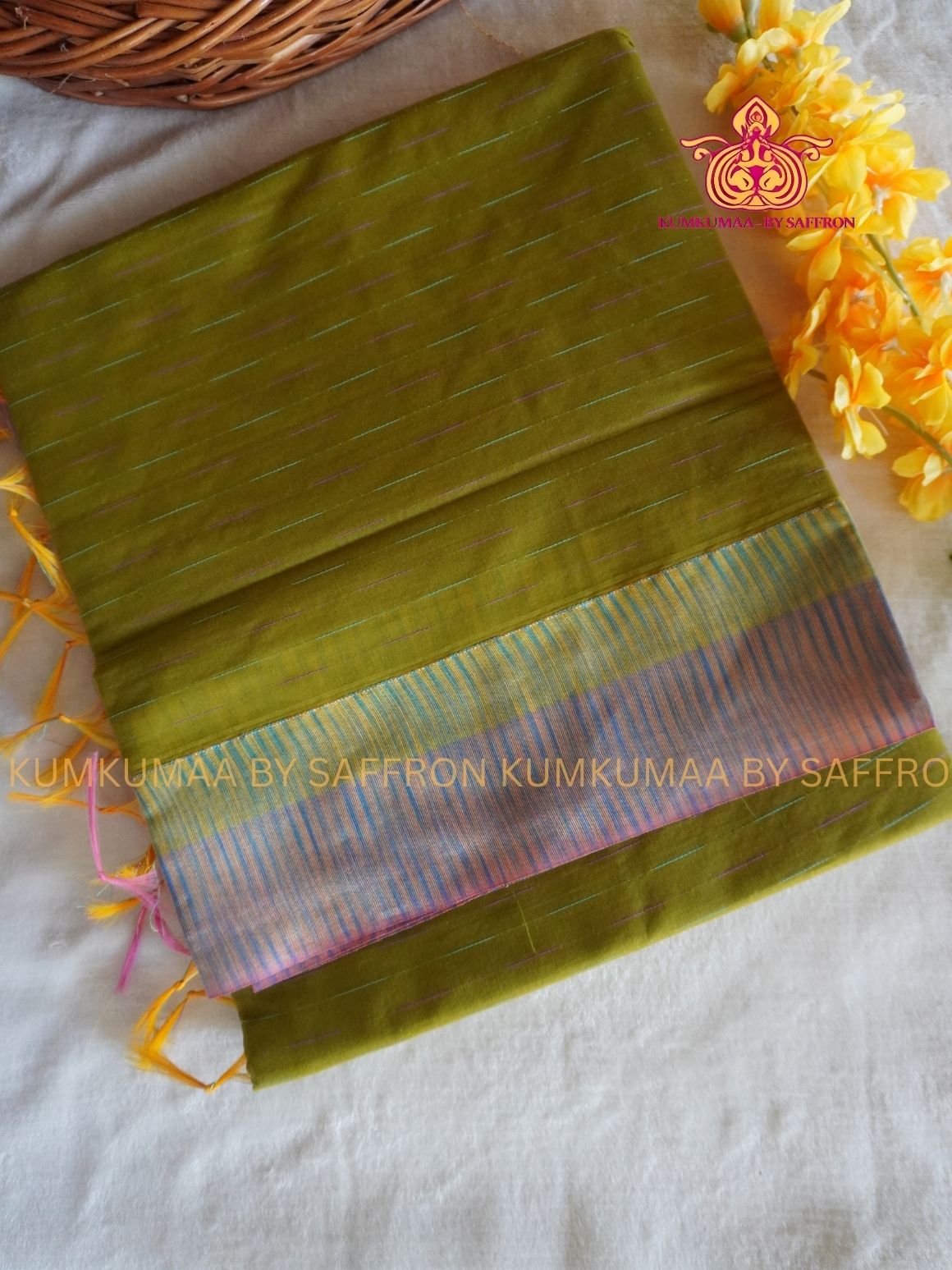KOVAI COTTON- OLIVE GREEN AND PASTEL PINK SAREE WITH BLOUSE - Kumkumaa Exclusive- COMFORTABLE AND ELITE