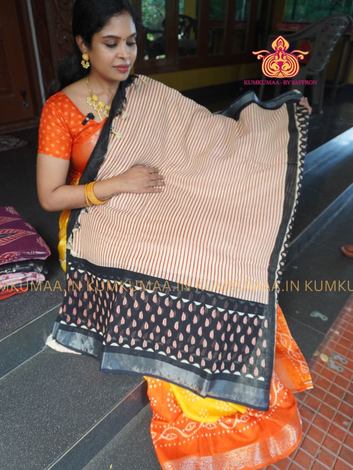 LINEN COTTON- WHITE WITH RED STRIPED DESIGN PRINTED SAREE- Soft and comfortable everyday wear saree - WITH BLOUSE - Kumkumaa exclusive - Comfort wear Collection- Trendy and comfortable