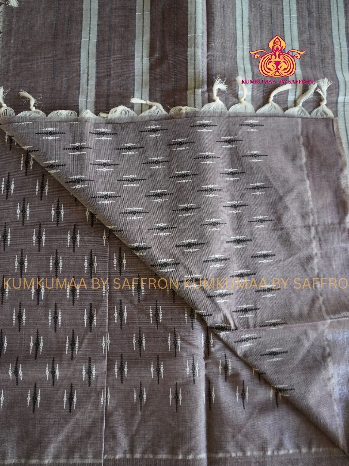 PURE COTTON-NEUTRAL EARTH TONE IKKAT PRINT SAREE WITH BLOUSE - TRENDY - GEOMETRIC DESIGN - Kumkumaa Exclusive COLLECTION - LATEST ELEGANT SAREE