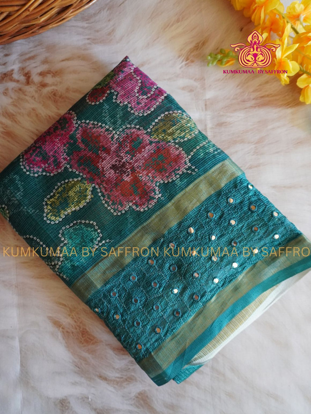 KOTA -TURQUOISE GREEN SAREE WITH FULLY PRINTED BLOUSE - FULL FLORAL PRINTED SAREE- MIRROR WORK BORDER Kumkumaa LIGHT WEIGHT - BREATHABLE SAREE- FANCY AND ELEGANT