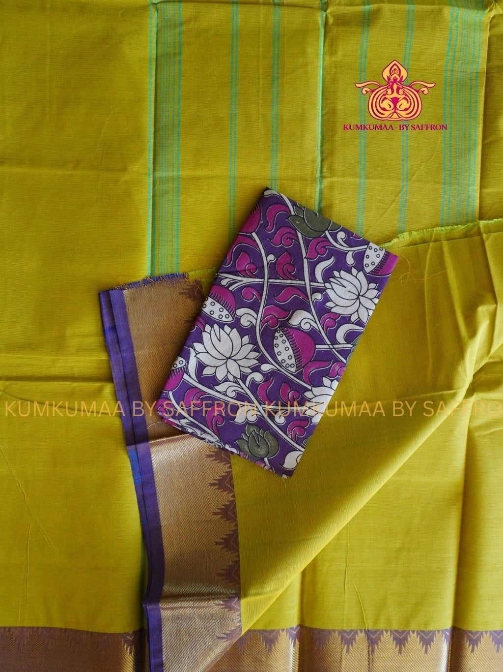 CHETTINAD COTTON - YELLOW SAREE WITH VIOLET BORDER - SOFT AND COMFORTABLE - Kumkumaa Exclusive COMFORT EVERYDAY SAREE