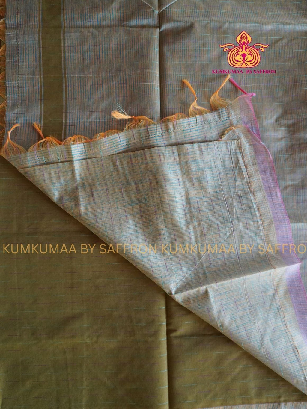 KOVAI COTTON- OLIVE GREEN AND PASTEL PINK SAREE WITH BLOUSE - Kumkumaa Exclusive- COMFORTABLE AND ELITE
