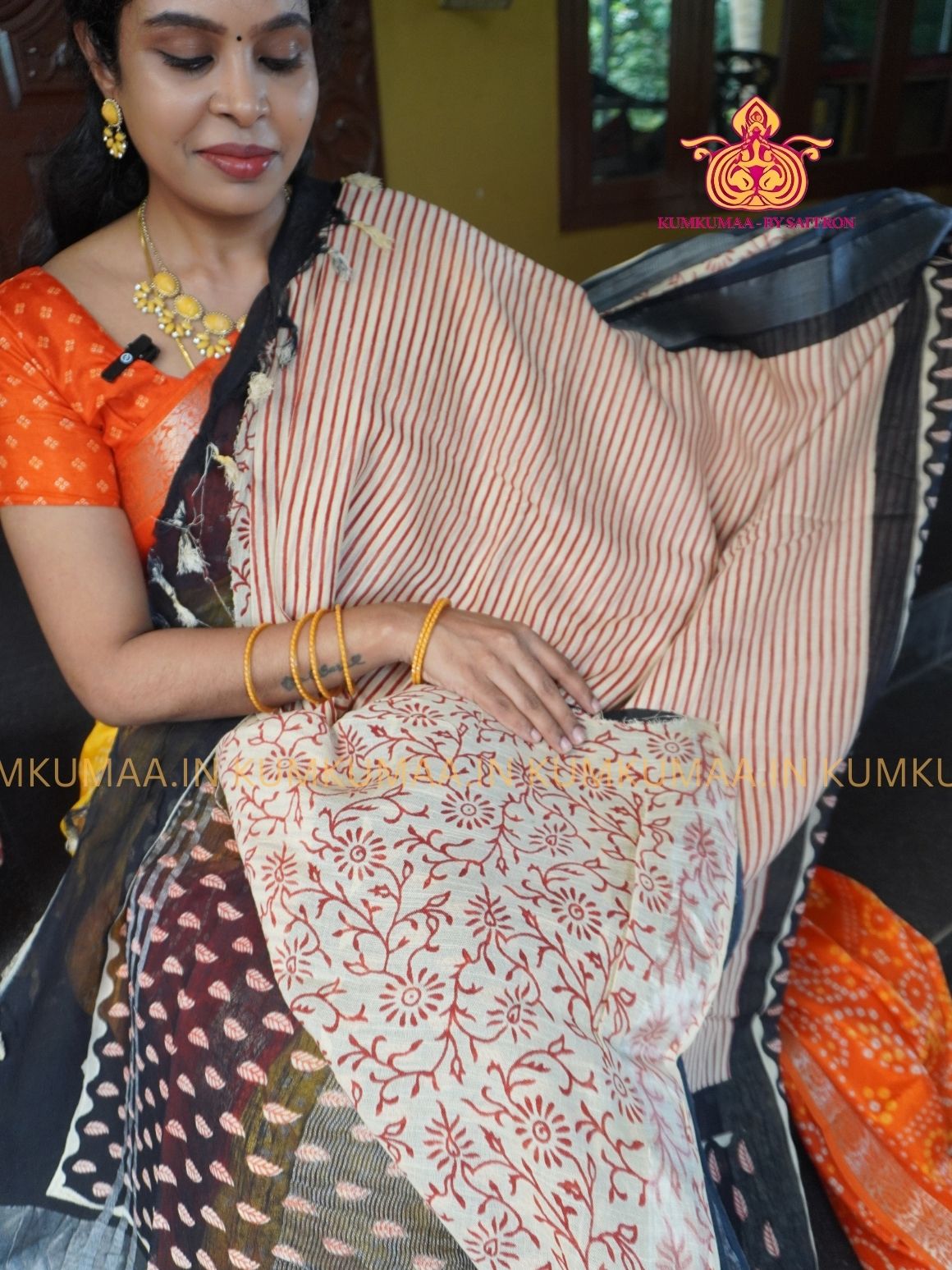 LINEN COTTON- WHITE WITH RED STRIPED DESIGN PRINTED SAREE- Soft and comfortable everyday wear saree - WITH BLOUSE - Kumkumaa exclusive - Comfort wear Collection- Trendy and comfortable