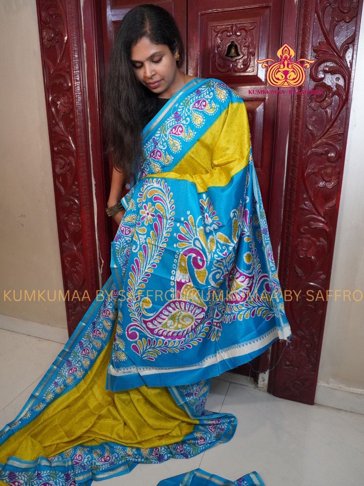 Dola Silk - COMFORTABLE FESTIVE Beautiful saree for women-YELLOW-LIGHT BLUE COLOUR - FLORAL PRINT&nbsp; - KUMKUMAA TRENDY TRADITIONAL WEAR - Comfort - Confidence - Elegance