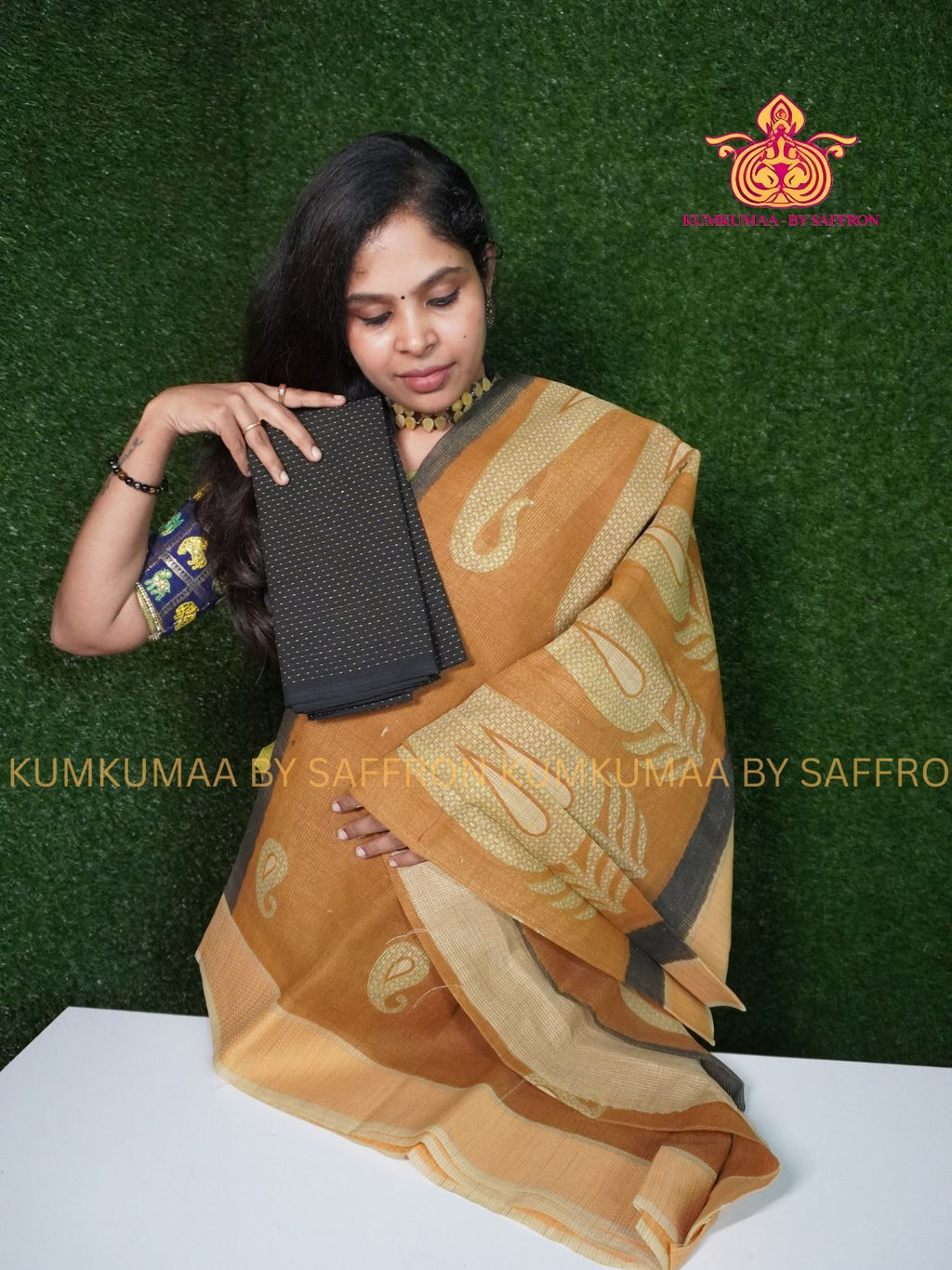 KOTA -BEIGE WITH BLACK MANGO DESIGN SAREE WITH BLOUSE - Kumkumaa LIGHT WEIGHT - BREATHABLE SAREE- FANCY AND ELEGANT