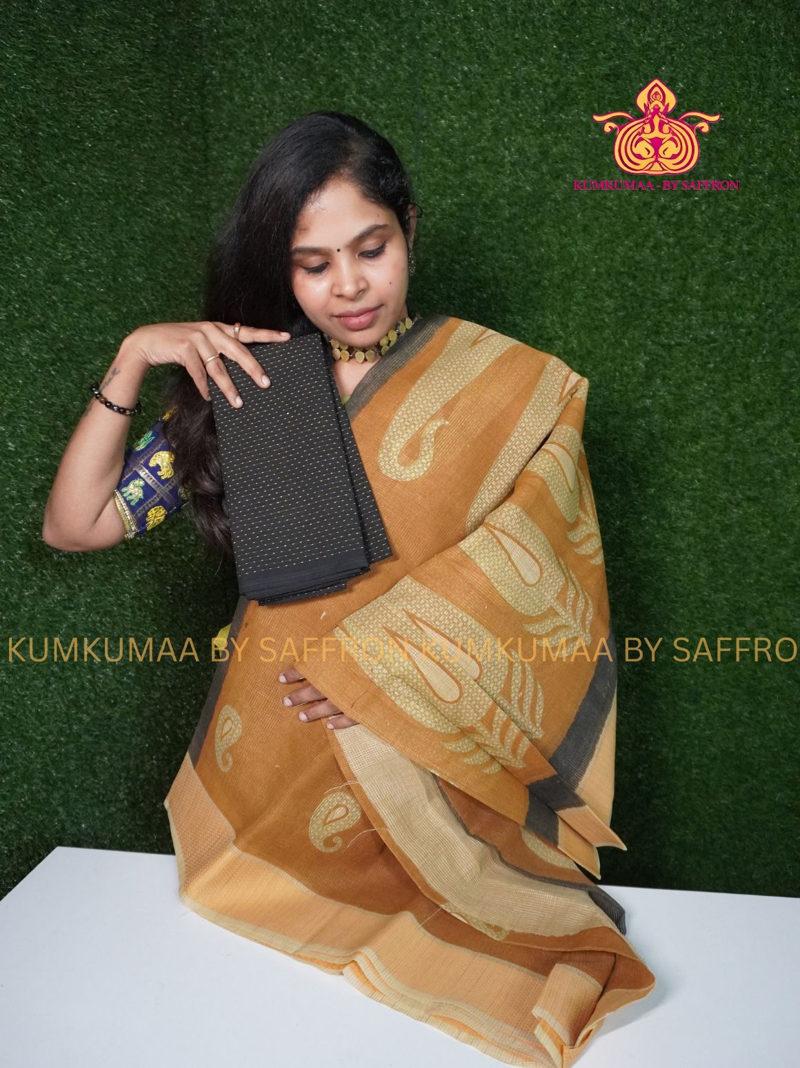 KOTA -BEIGE WITH BLACK MANGO DESIGN SAREE WITH BLOUSE - Kumkumaa LIGHT WEIGHT - BREATHABLE SAREE- FANCY AND ELEGANT