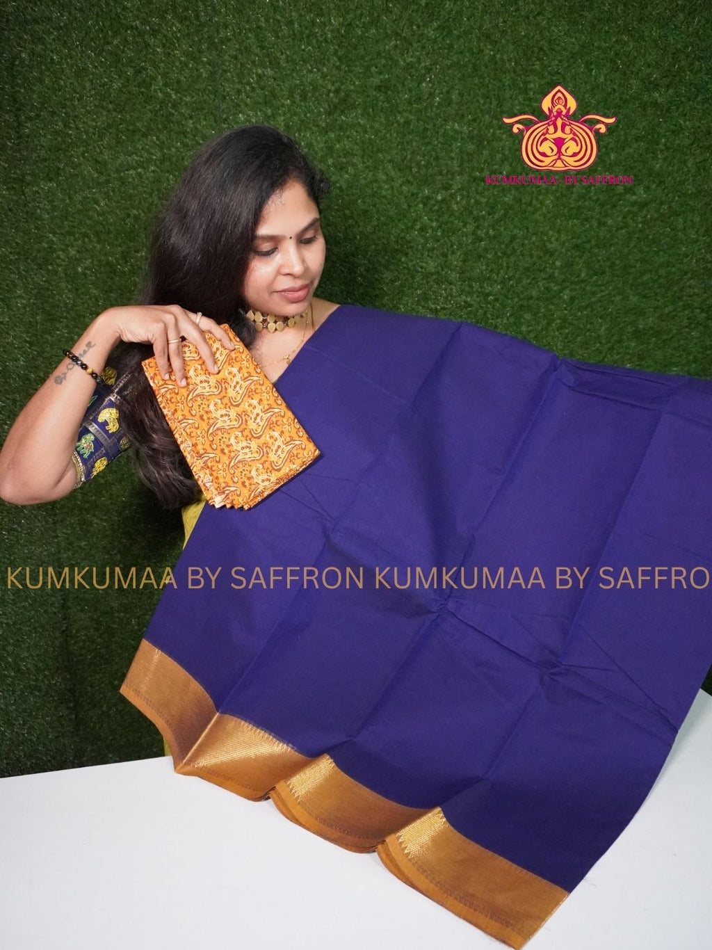 CHETTINAD COTTON -ROYAL BLUE SAREE WITH YELLOW BORDER - SOFT AND COMFORTABLE - Kumkumaa Exclusive COMFORT EVERYDAY SAREE