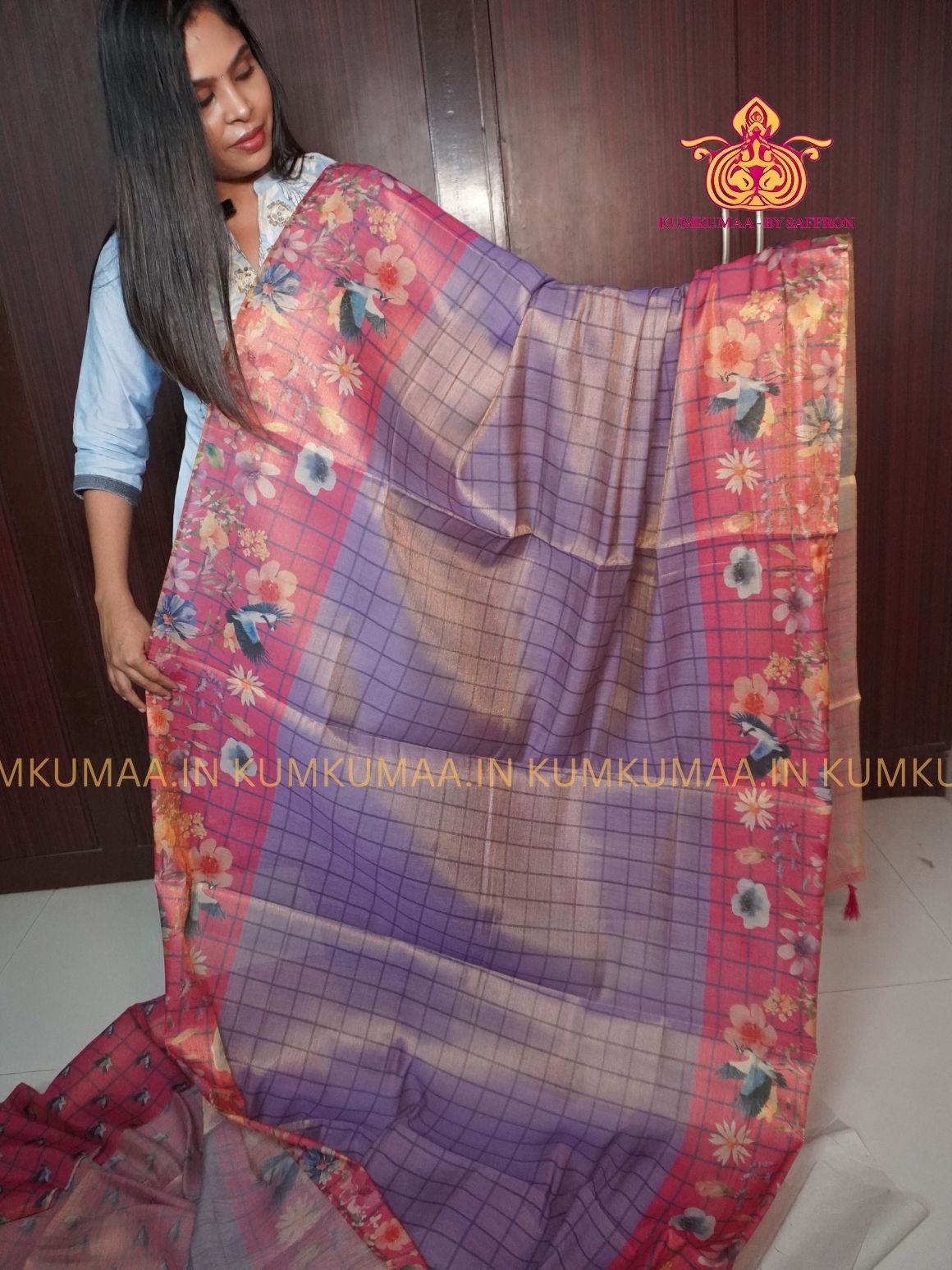 SOFT TISSUE - LAVENDER WITH PINK COLOUR WITH BLOUSE - TISSUE WEAVING - SHINE TISSUE WITH FLORAL DESIGN -KUMKUMAA EXCLUSIVE