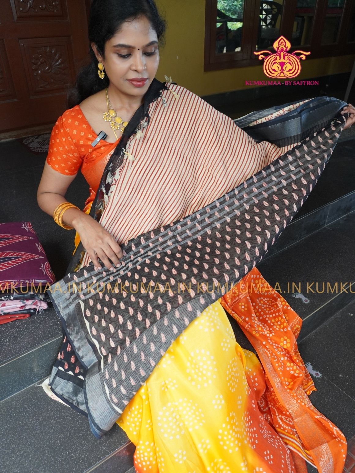 LINEN COTTON- WHITE WITH RED STRIPED DESIGN PRINTED SAREE- Soft and comfortable everyday wear saree - WITH BLOUSE - Kumkumaa exclusive - Comfort wear Collection- Trendy and comfortable