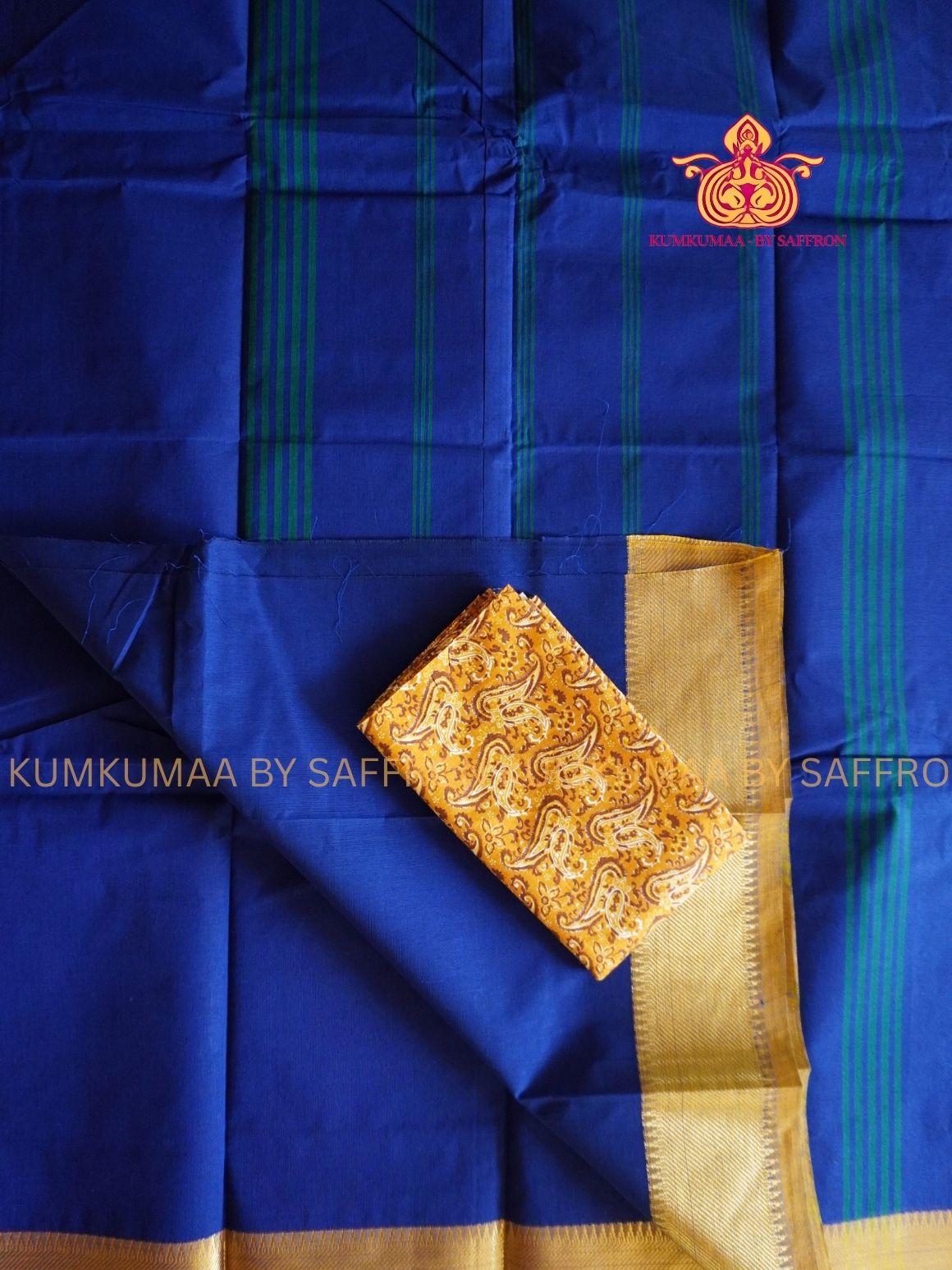 CHETTINAD COTTON -ROYAL BLUE SAREE WITH YELLOW BORDER - SOFT AND COMFORTABLE - Kumkumaa Exclusive COMFORT EVERYDAY SAREE