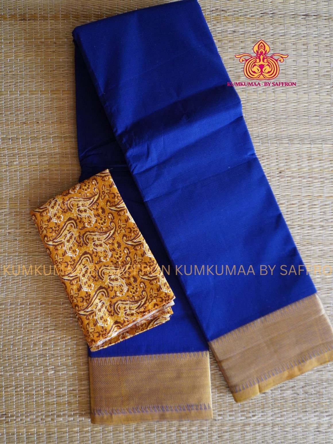CHETTINAD COTTON -ROYAL BLUE SAREE WITH YELLOW BORDER - SOFT AND COMFORTABLE - Kumkumaa Exclusive COMFORT EVERYDAY SAREE