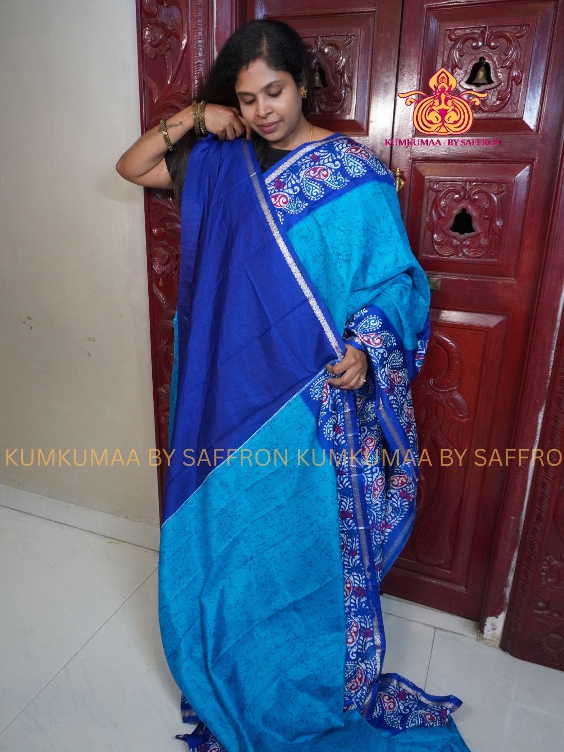 Dola Silk - COMFORTABLE FESTIVE Beautiful saree for women-LIGHT BLUE-DARK BLUE COLOUR - FLORAL PRINT - KUMKUMAA TRENDY TRADITIONAL WEAR - Comfort - Confidence - Elegance