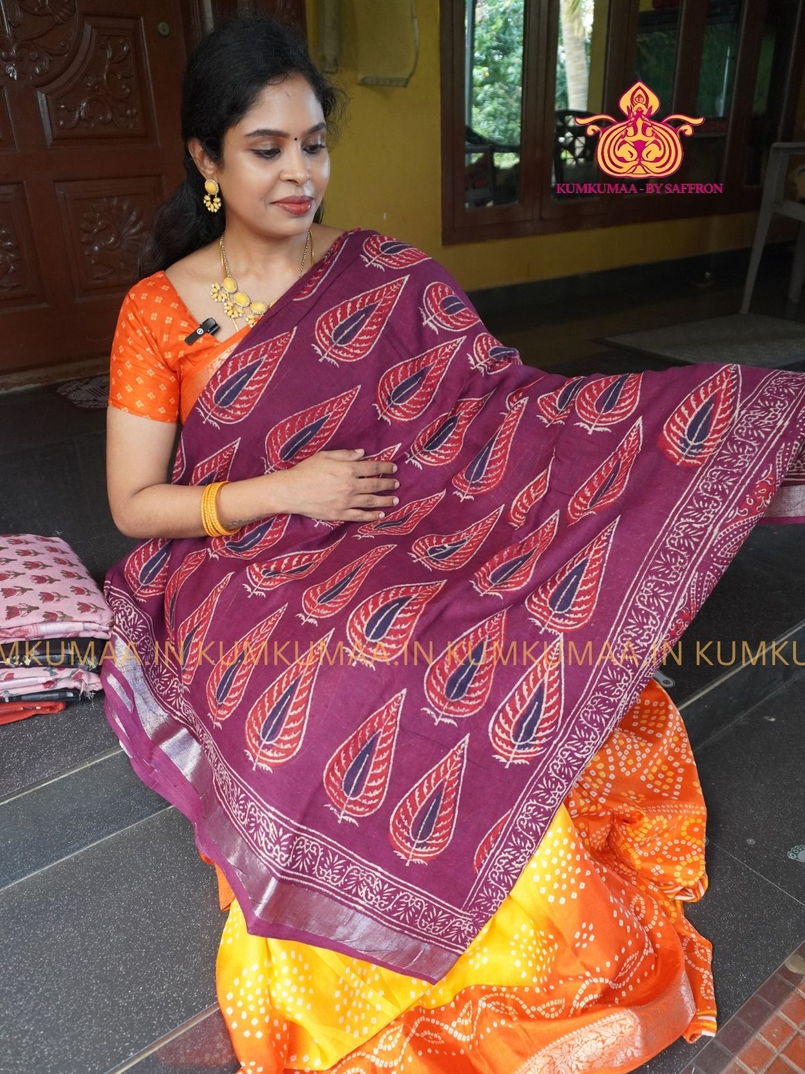 LINEN COTTON- MAROON FLORAL DESIGN PRINTED SAREE- Soft and comfortable everyday wear saree - WITH BLOUSE - Kumkumaa exclusive - Comfort wear Collection- Trendy and comfortable