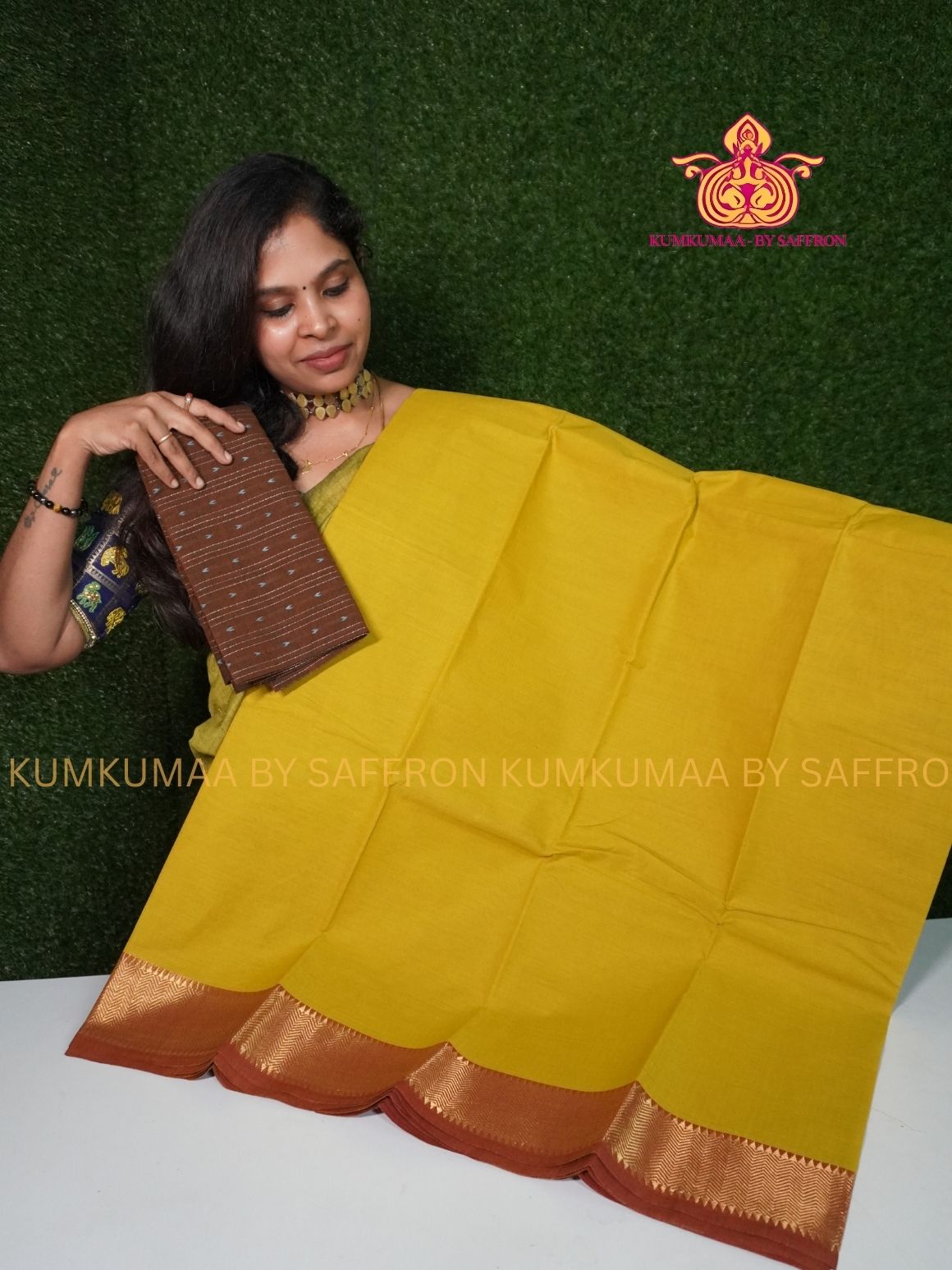 CHETTINAD COTTON -YELLOW SAREE WITH BROWN BORDER - SOFT AND COMFORTABLE - Kumkumaa Exclusive COMFORT EVERYDAY SAREE