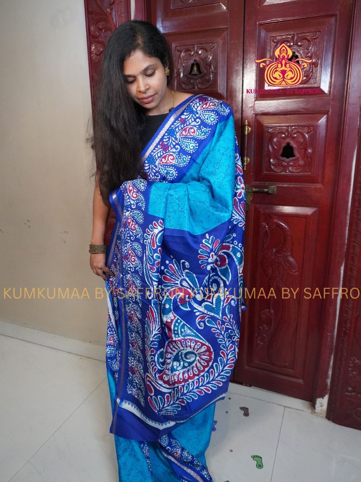 Dola Silk - COMFORTABLE FESTIVE Beautiful saree for women-LIGHT BLUE-DARK BLUE COLOUR - FLORAL PRINT - KUMKUMAA TRENDY TRADITIONAL WEAR - Comfort - Confidence - Elegance