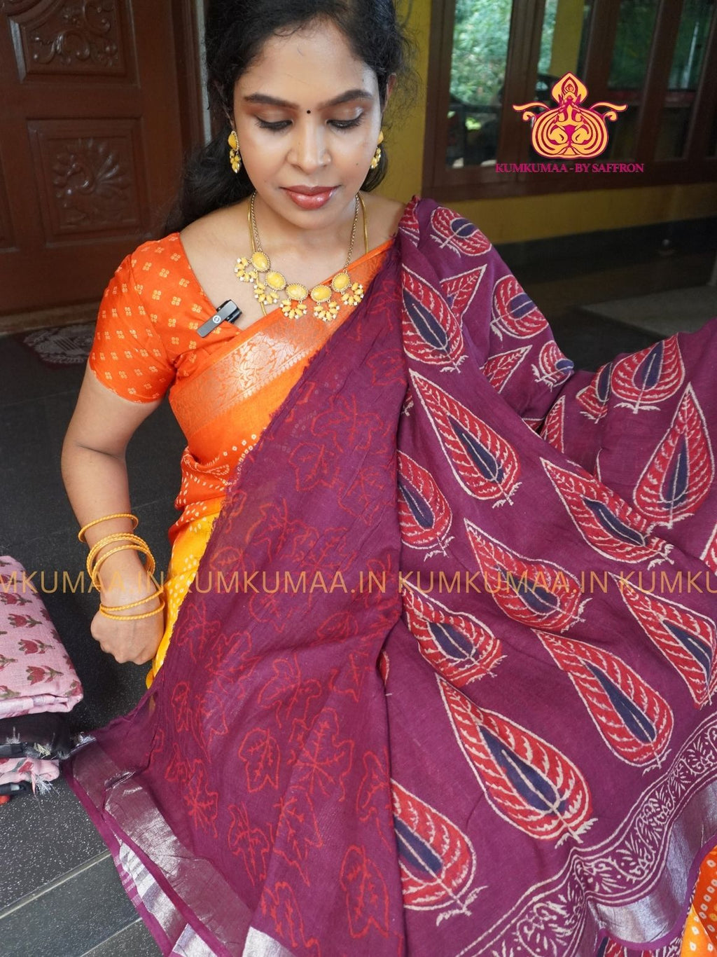 LINEN COTTON- MAROON FLORAL DESIGN PRINTED SAREE- Soft and comfortable everyday wear saree - WITH BLOUSE - Kumkumaa exclusive - Comfort wear Collection- Trendy and comfortable