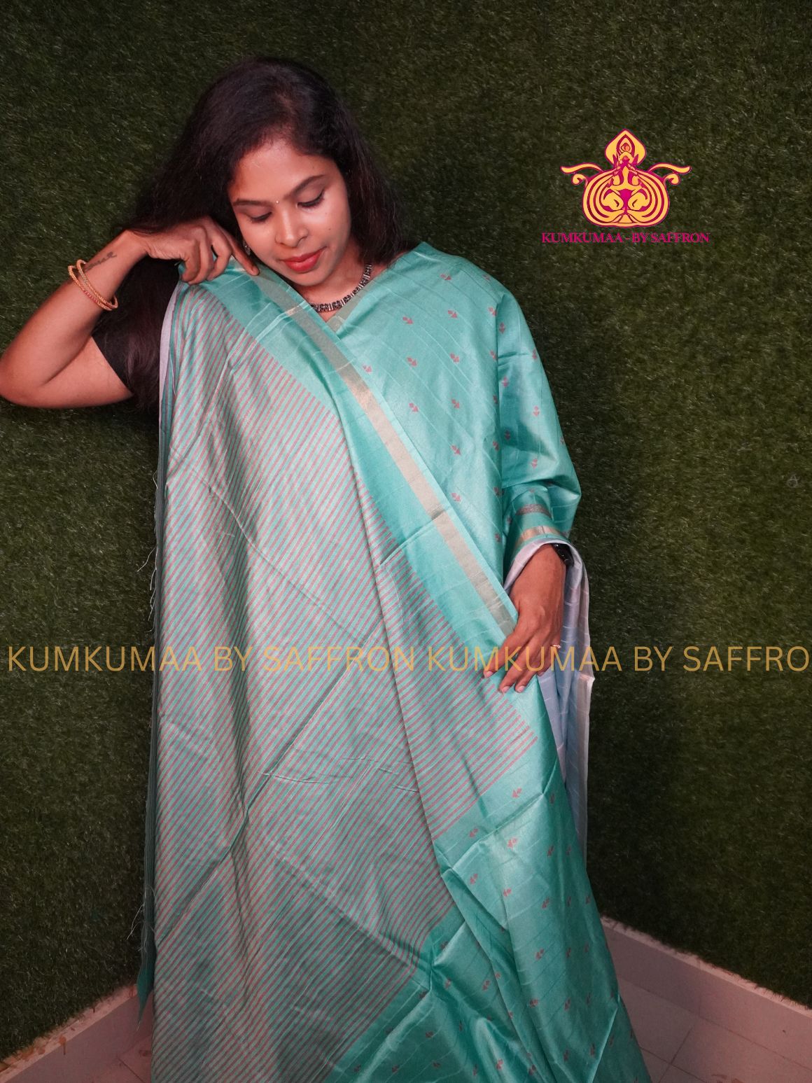 TUSSAR SILK - TURQUOISE GREEN AND GRAY - ZARI DOTS PRINTED SAREE - MINIMAL BORDER - LATEST COLLECTION - KUMKUMAA BY SAFFRON - UNIQUE DESIGN