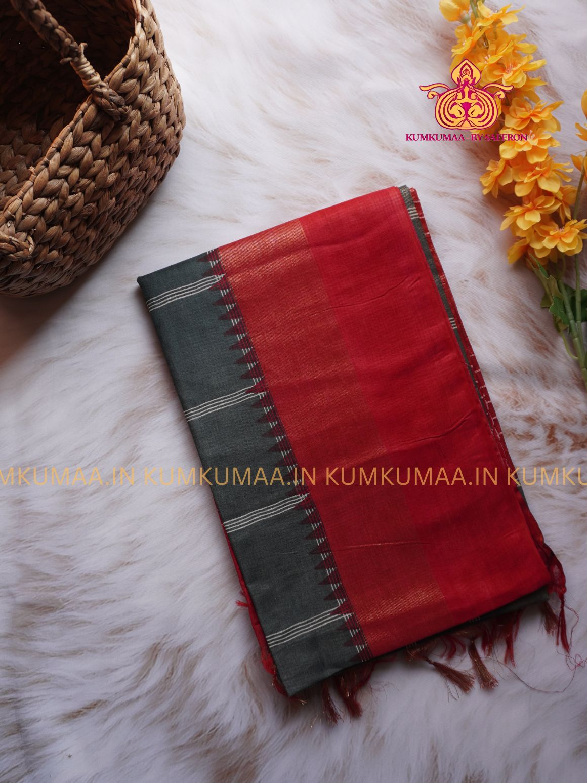 PREMIUM COTTON SAREE - GRAY WITH RED CHECKED - ETHNIC WEAR - EXCLUSIVE KUMKUMAA COLLECTION- PREMIUM COTTON MATERIAL - PREMIUM QUALITY -FESTIVE