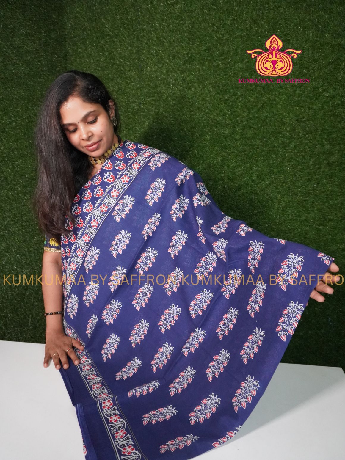 MUL COTTON-BLUE SAREE WITH BLOUSE - SOFTEST EVERYDAY WEAR - BEST COTTON SAREE- COMFORT AND TRENDY - STYLE WITH COMFORT - Kumkumaa EVERYDAY SAREE