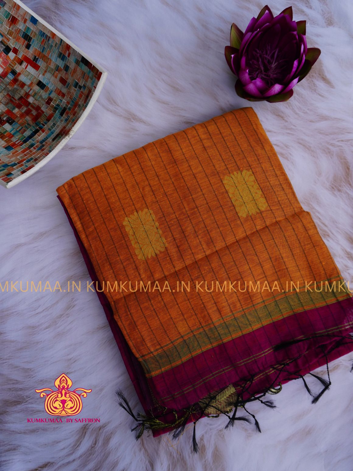 PURE COTTON-MAJANTA AND ORANGE COLOUR STRIPED PRINT SAREE WITH BLOUSE - TRENDY - FLORAL DESIGN - Kumkumaa Exclusive COLLECTION - LATEST ELEGANT SAREE