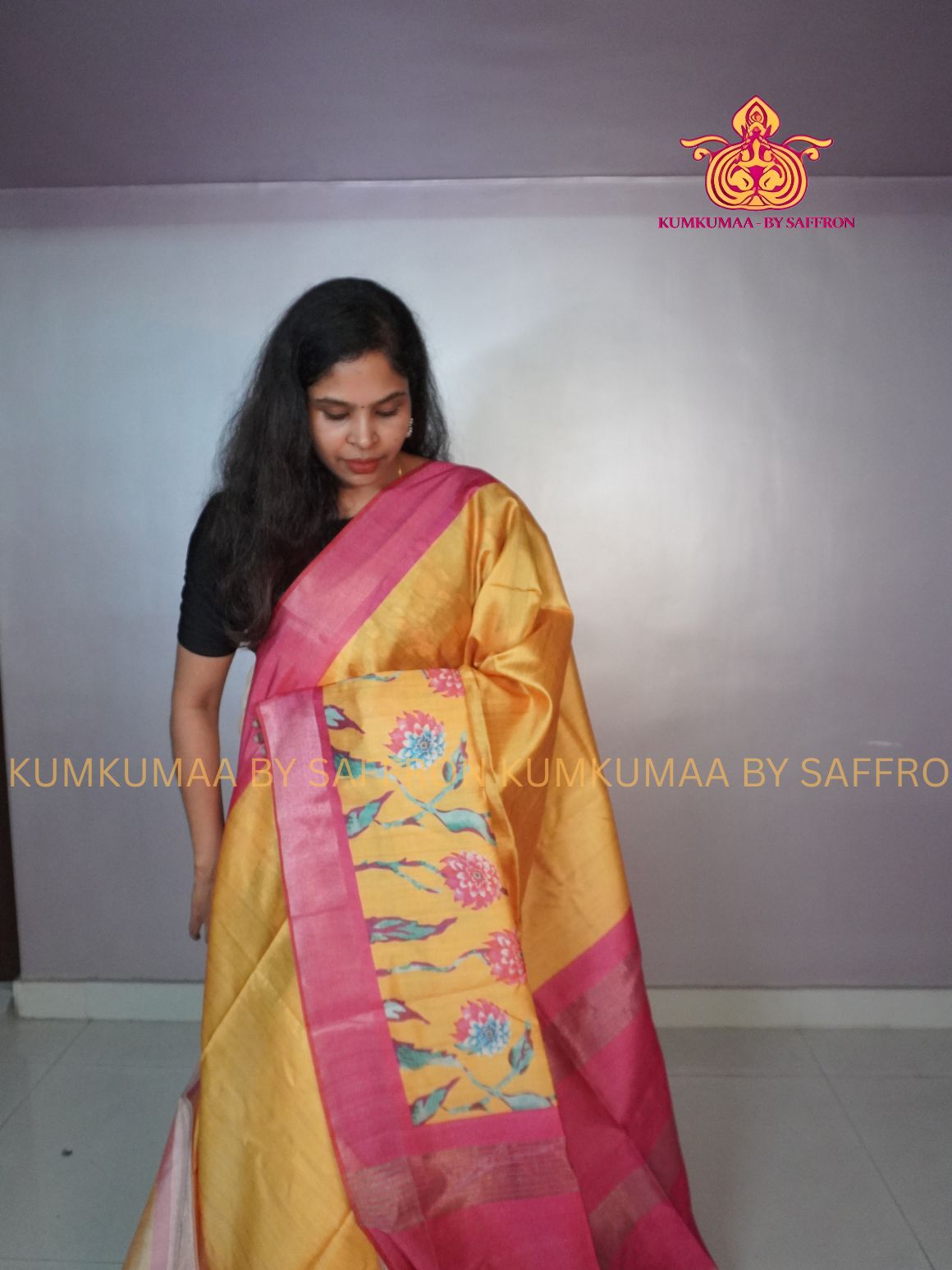 TUSSAR SILK - YELLOW AND PINK - FLOWER DESIGN SAREE - WITHOUT BORDER - LATEST COLLECTION - KUMKUMAA BY SAFFRON - UNIQUE DESIGN