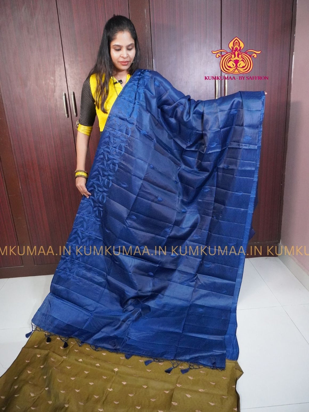 BUTTERSILK TUSSAR - NAVY BLUE COLOUR - LEAF DESIGN SELF EMBROIDERED SAREE - EMBOSED SELF DESIGN - LATEST COLLECTION - KUMKUMAA BY SAFFRON - UNIQUE DESIGN
