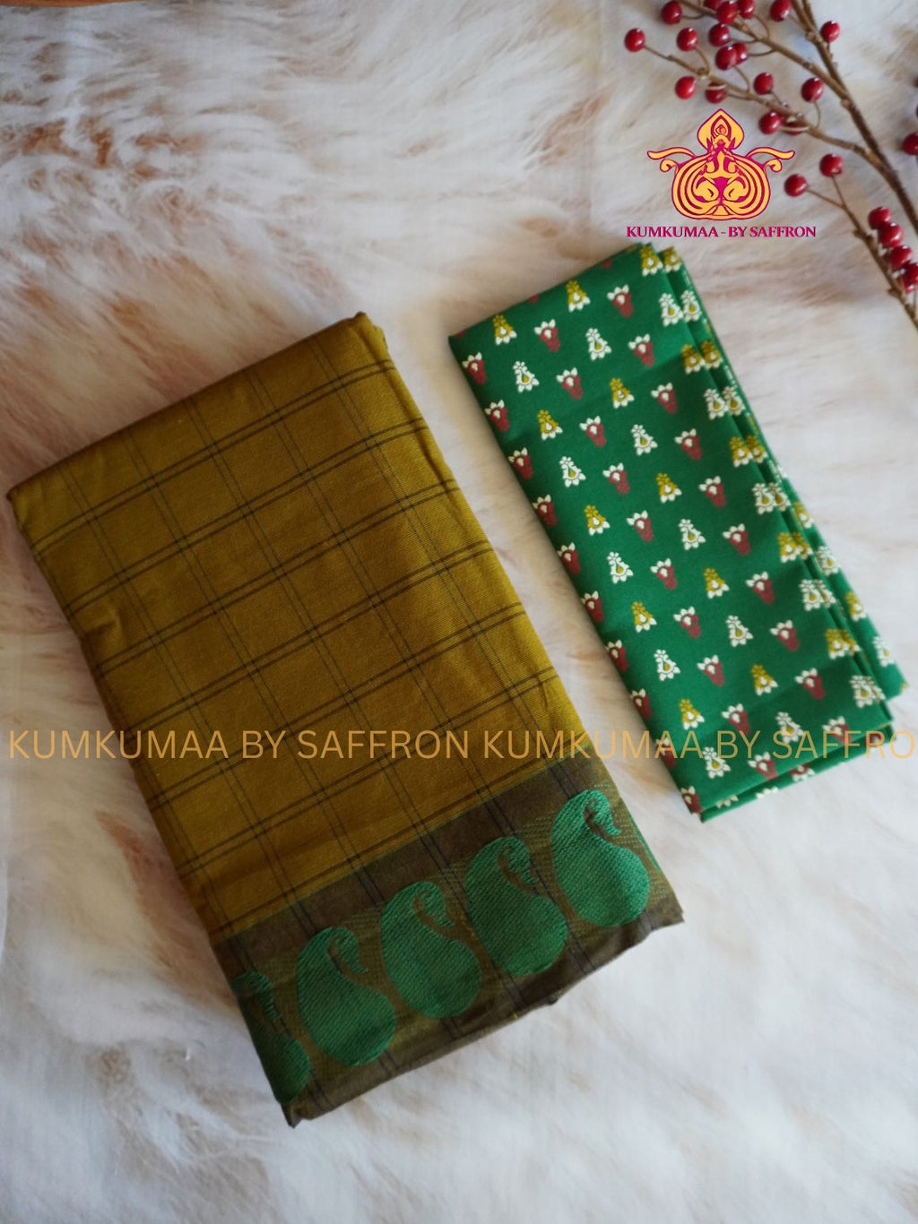 CHETTINAD COTTON - BROWN CHECKED SAREE WITH GREEN BORDER - SOFT AND COMFORTABLE - Kumkumaa Exclusive COMFORT EVERYDAY SAREE