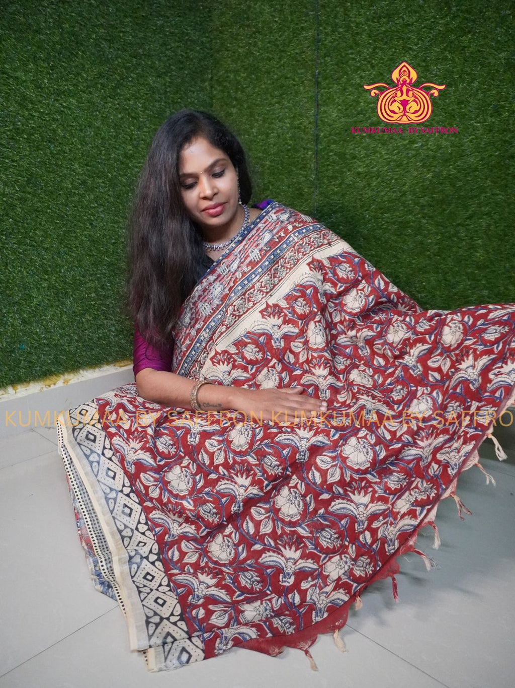 LINEN COTTON- MAROON WITH WHITE COLOUR SAREE- KALAMKARI DESIGN - Soft and comfortable everyday wear saree - WITH BLOUSE - Kumkumaa exclusive - Comfort wear Collection- Trendy and comfortable