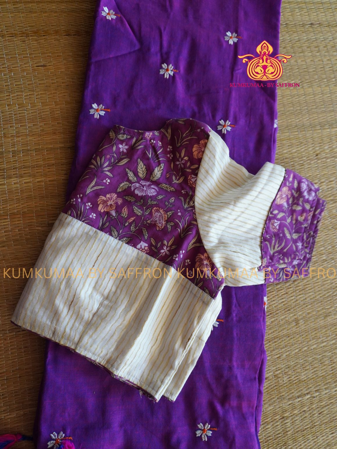 KATHI COTTON-PURPLE SAREE WITH WHITE FLORAL EMBROIDERY- FULLY STITCHED BLOUSE WITH LINING - Kumkumaa Exclusive SOFT KADHI COTTON - FANCY COMFORT