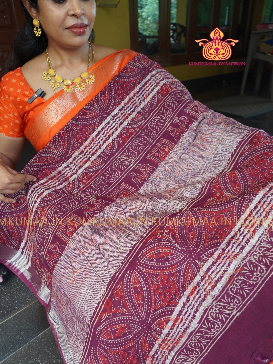 LINEN COTTON- MAROON FLORAL DESIGN PRINTED SAREE- Soft and comfortable everyday wear saree - WITH BLOUSE - Kumkumaa exclusive - Comfort wear Collection- Trendy and comfortable