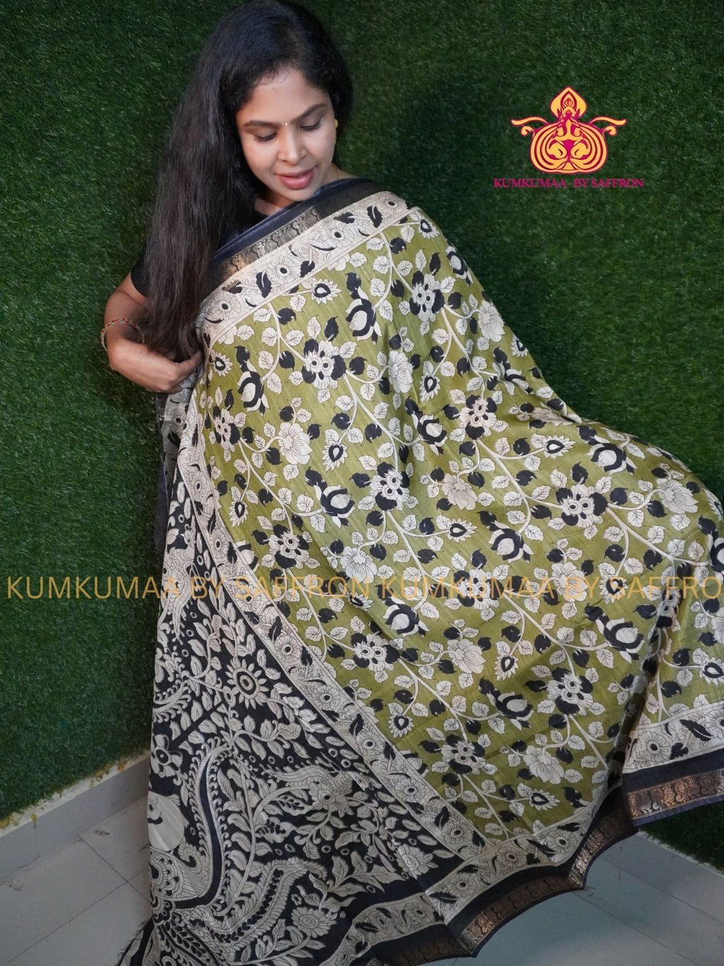 DOLA SILK - KALAMKARI SAREE- GREEN AND BLACK SAREE -SOFT AND COMFORTABLE WITH BLOUSE -MAHESHWARI SILK SAREE KUMKUMAA SPECIAL EXCLUSIVE AND ELEGANT