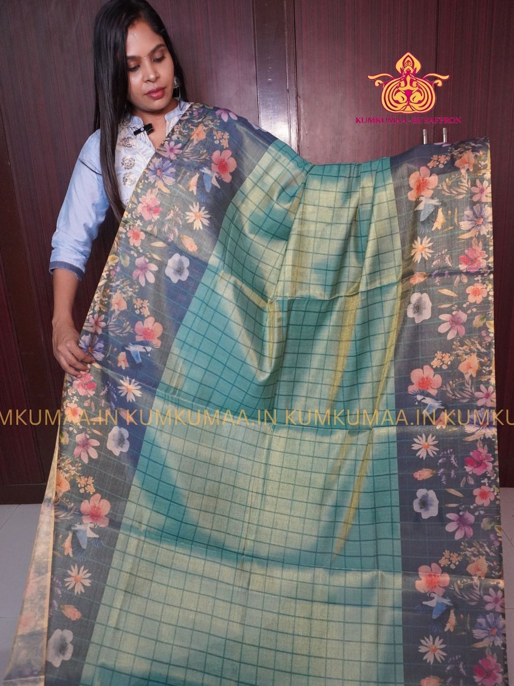SOFT TISSUE - LIGHT GREEN WITH DARK GREEN COLOUR WITH BLOUSE - TISSUE WEAVING - SHINE TISSUE WITH FLORAL DESIGN -KUMKUMAA EXCLUSIVE