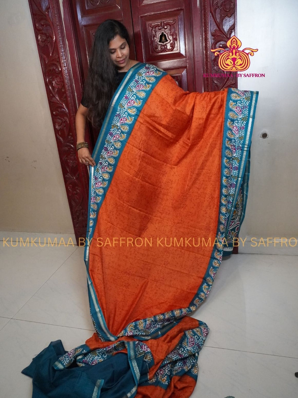 Dola Silk - COMFORTABLE FESTIVE Beautiful saree for women-ORANGE-TURQUOISE COLOUR - FLORAL PRINT - KUMKUMAA TRENDY TRADITIONAL WEAR - Comfort - Confidence - Elegance