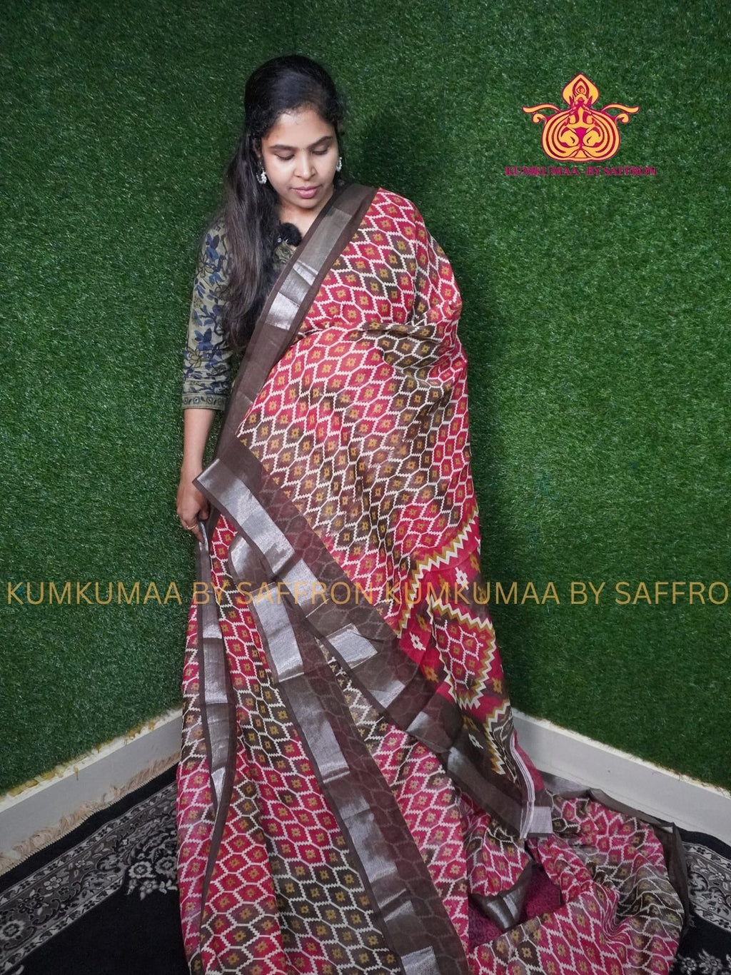 SOFT COTTON - RED AND BROWN - HONEY COMB DESIGN SAREE - ZARI MINIMALIST BORDER - LATEST COLLECTION - KUMKUMAA BY SAFFRON - UNIQUE DESIGN