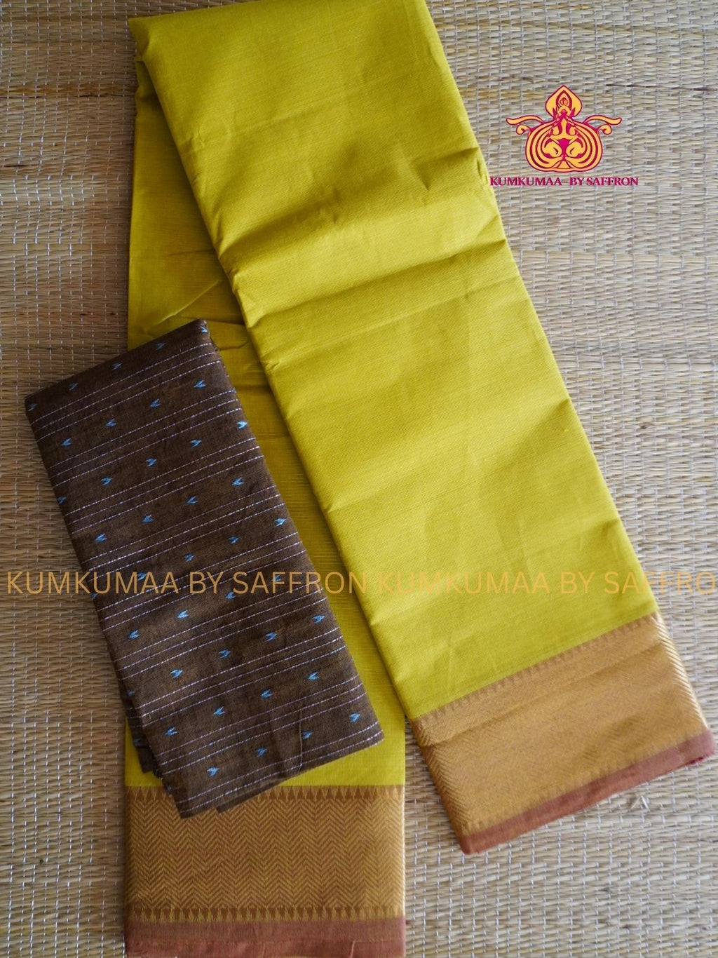 CHETTINAD COTTON -YELLOW SAREE WITH BROWN BORDER - SOFT AND COMFORTABLE - Kumkumaa Exclusive COMFORT EVERYDAY SAREE