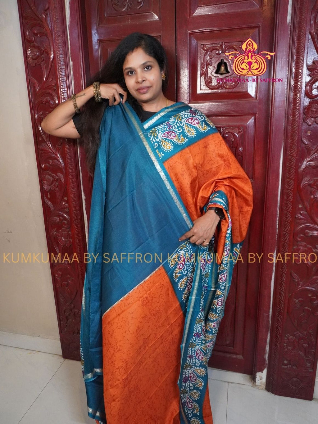 Dola Silk - COMFORTABLE FESTIVE Beautiful saree for women-ORANGE-TURQUOISE COLOUR - FLORAL PRINT - KUMKUMAA TRENDY TRADITIONAL WEAR - Comfort - Confidence - Elegance