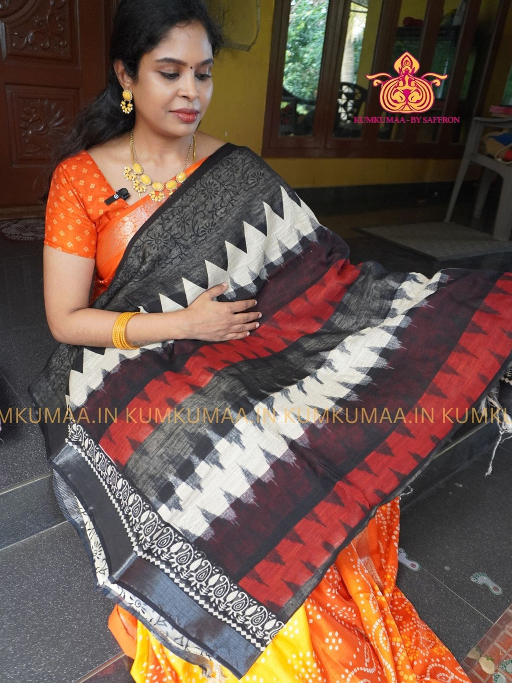 LINEN COTTON- BLACK WITH RED AND WHITE STRIPED DESIGN PRINTED SAREE- Soft and comfortable everyday wear saree - WITH BLOUSE - Kumkumaa exclusive - Comfort wear Collection- Trendy and comfortable