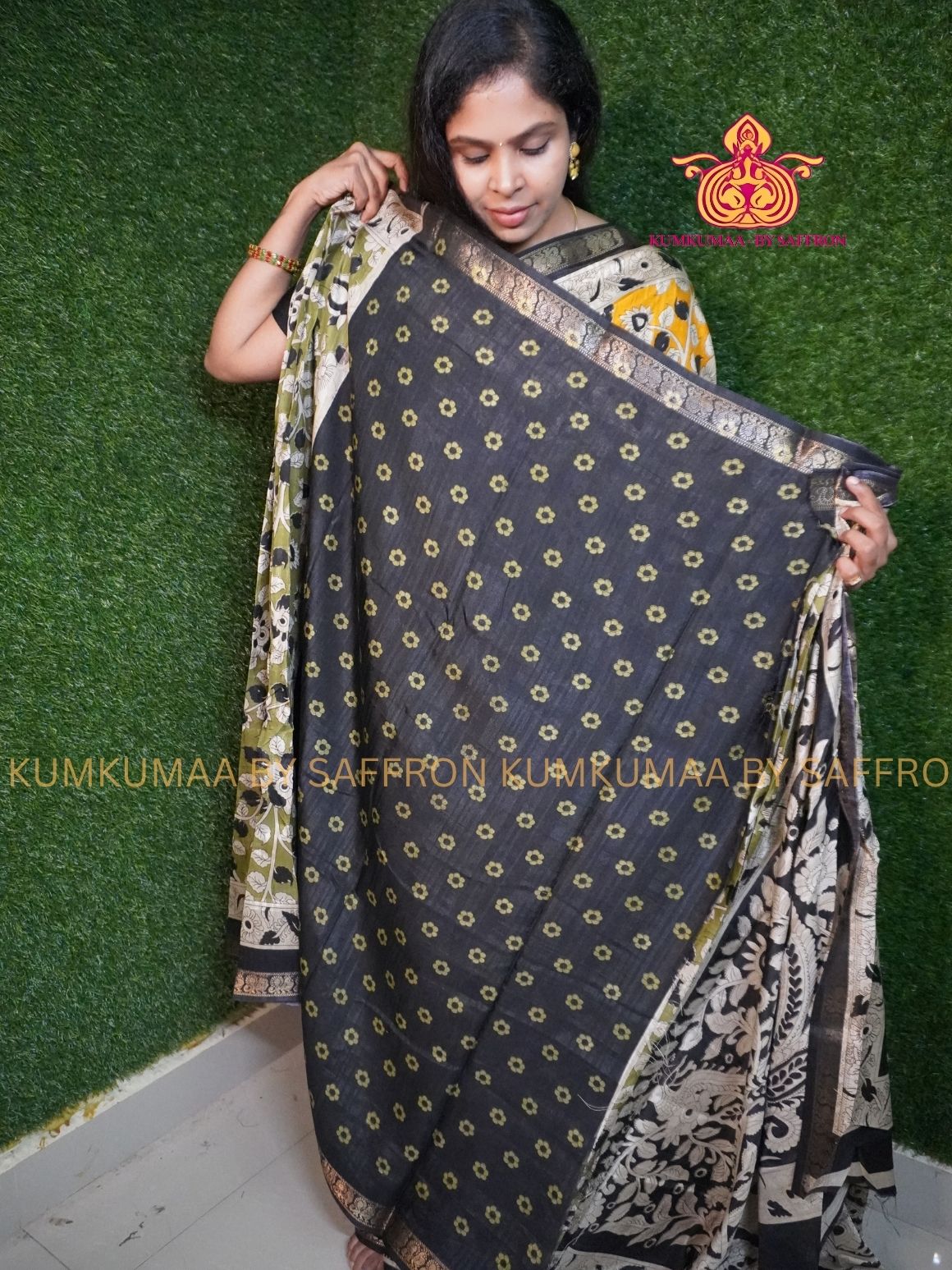 DOLA SILK - KALAMKARI SAREE- GREEN AND BLACK SAREE -SOFT AND COMFORTABLE WITH BLOUSE -MAHESHWARI SILK SAREE KUMKUMAA SPECIAL EXCLUSIVE AND ELEGANT