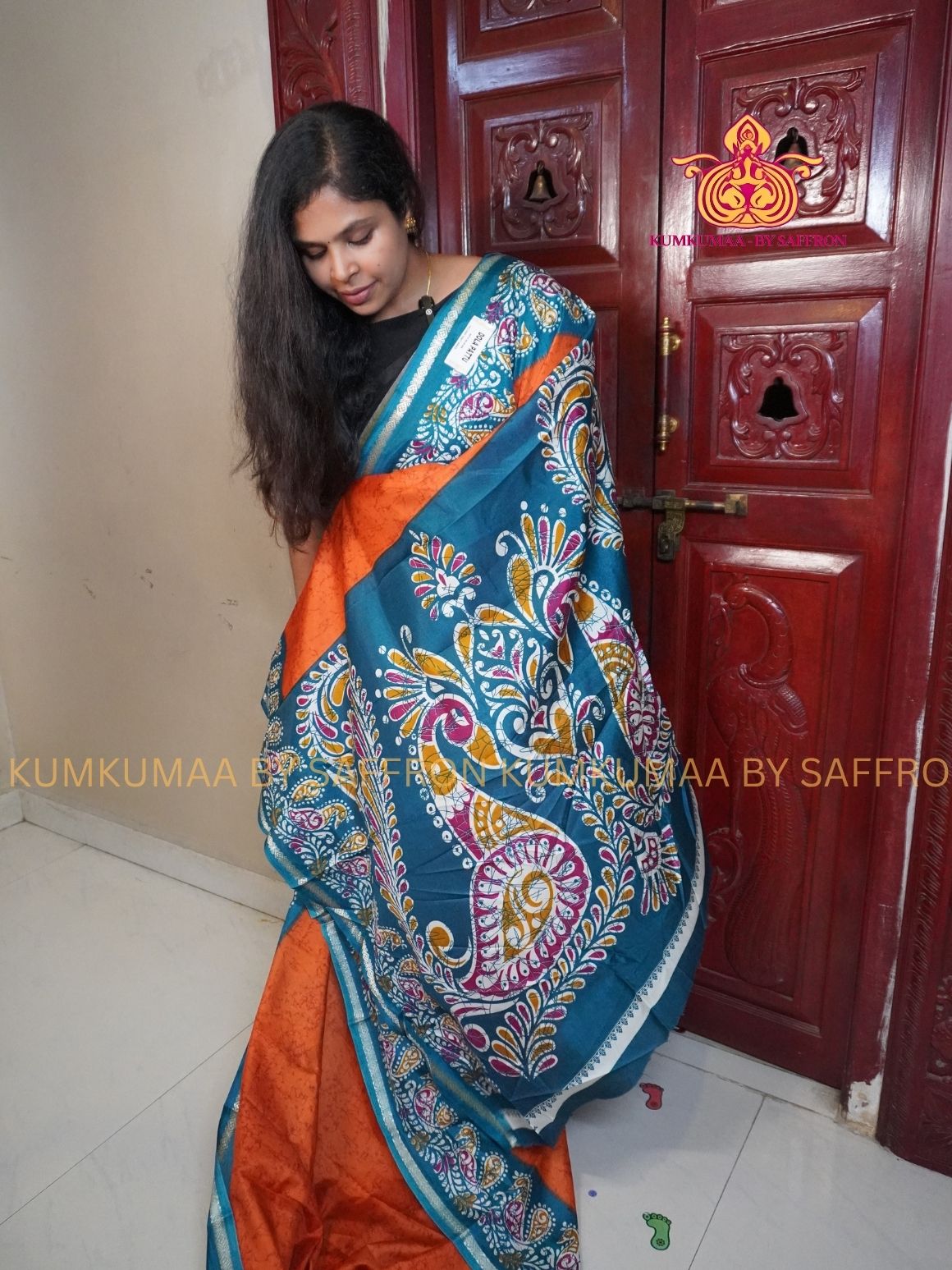 Dola Silk - COMFORTABLE FESTIVE Beautiful saree for women-ORANGE-TURQUOISE COLOUR - FLORAL PRINT - KUMKUMAA TRENDY TRADITIONAL WEAR - Comfort - Confidence - Elegance