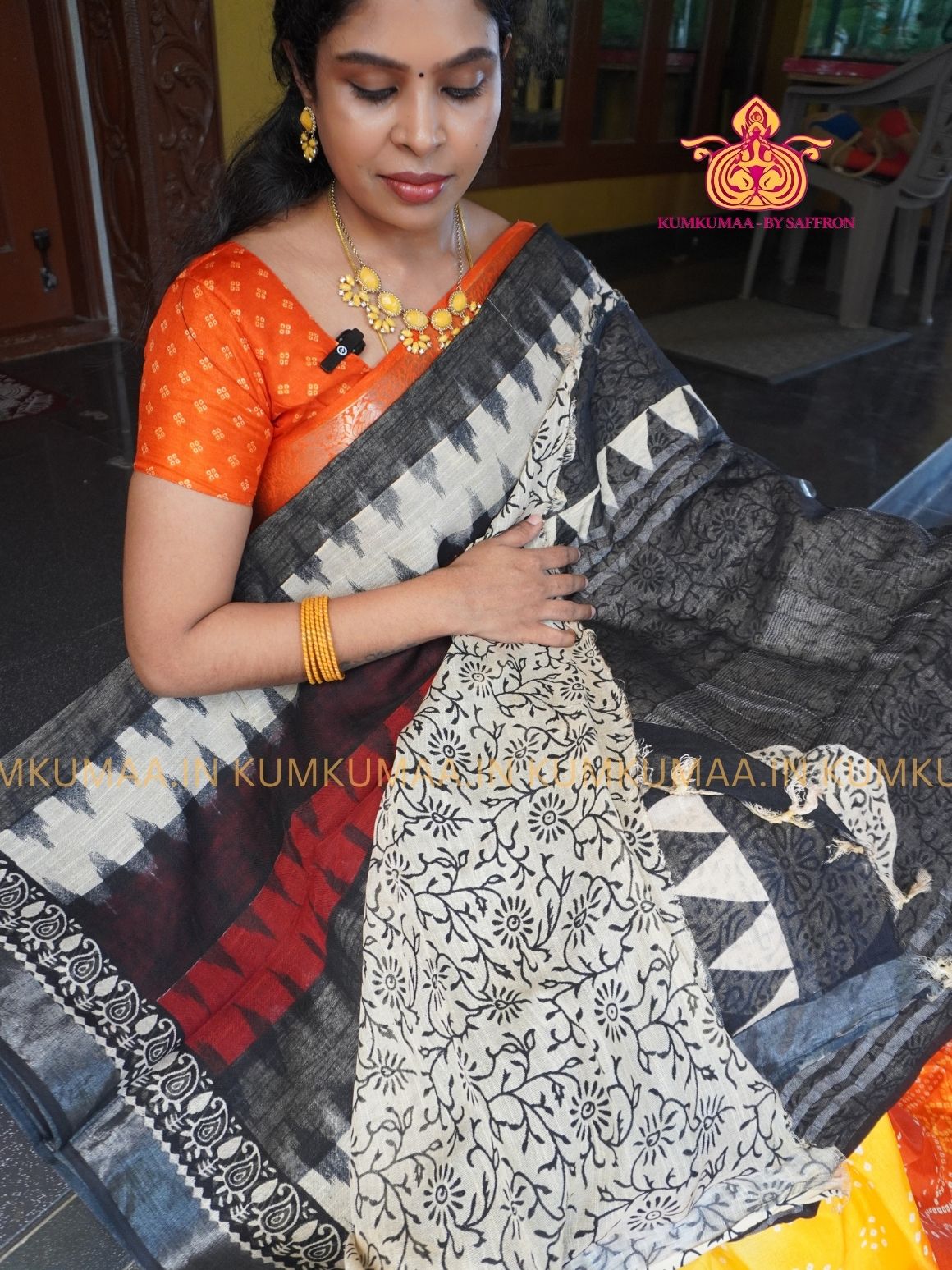 LINEN COTTON- BLACK WITH RED AND WHITE STRIPED DESIGN PRINTED SAREE- Soft and comfortable everyday wear saree - WITH BLOUSE - Kumkumaa exclusive - Comfort wear Collection- Trendy and comfortable