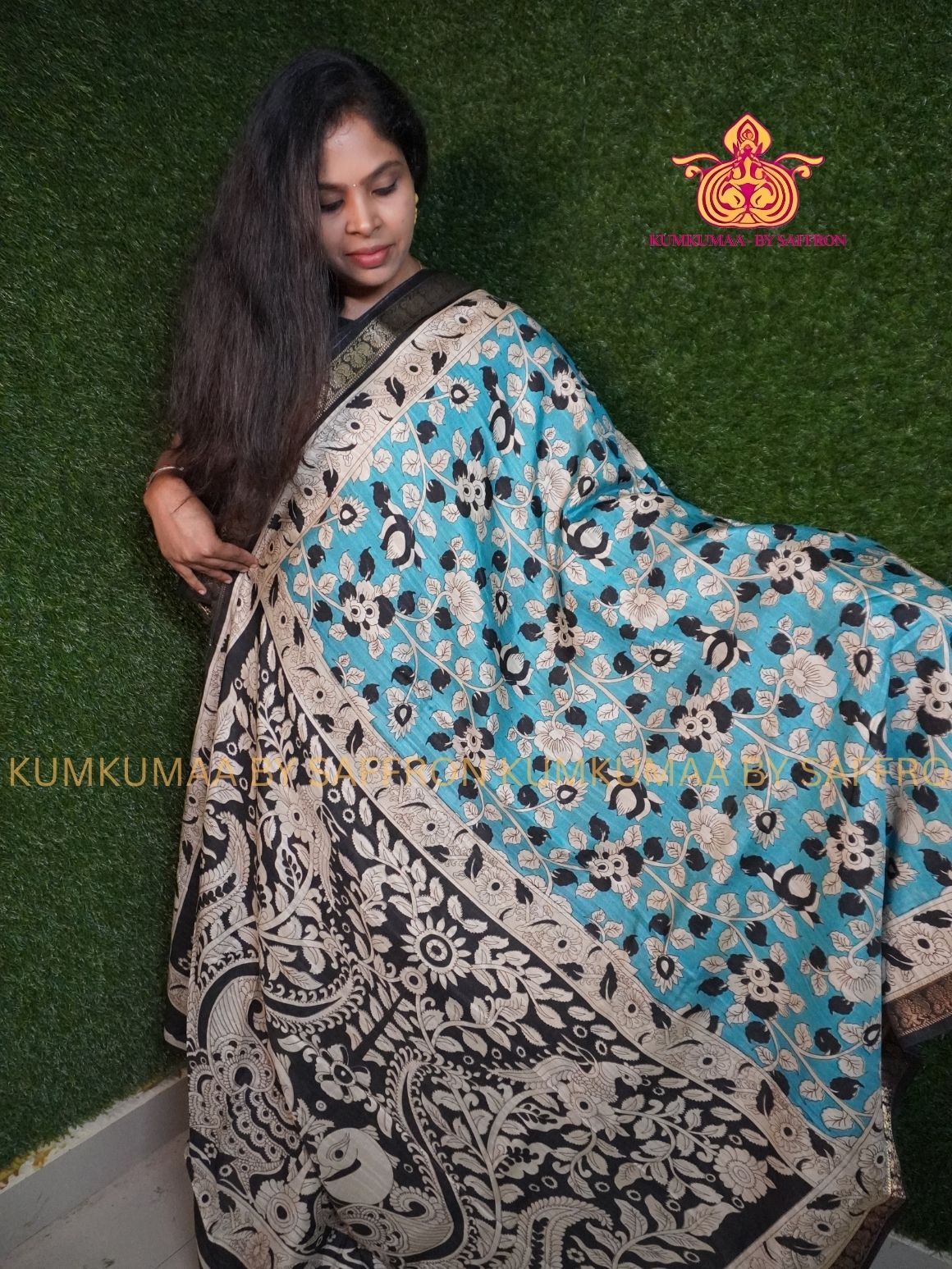 DOLA SILK - KALAMKARI SAREE- BLUE AND BLACK SAREE -SOFT AND COMFORTABLE WITH BLOUSE -MAHESHWARI SILK SAREE KUMKUMAA SPECIAL EXCLUSIVE AND ELEGANT