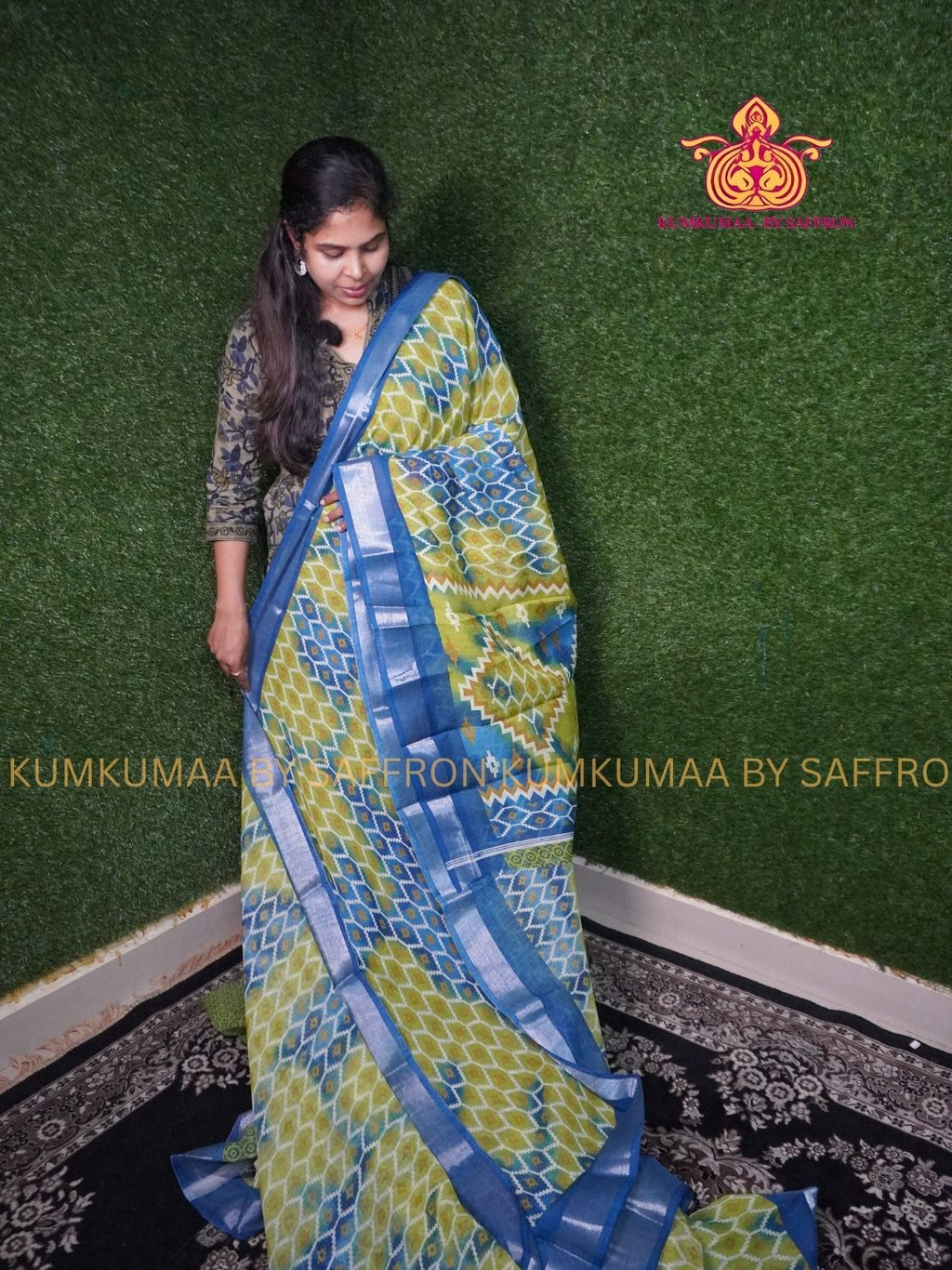 SOFT COTTON - GREEN AND BLUE - HONEY COMB DESIGN SAREE - ZARI MINIMALIST BORDER - LATEST COLLECTION - KUMKUMAA BY SAFFRON - UNIQUE DESIGN