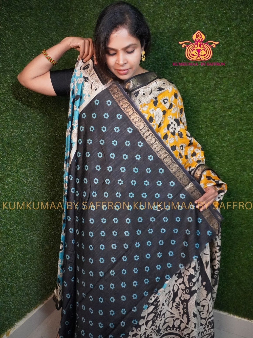 DOLA SILK - KALAMKARI SAREE- BLUE AND BLACK SAREE -SOFT AND COMFORTABLE WITH BLOUSE -MAHESHWARI SILK SAREE KUMKUMAA SPECIAL EXCLUSIVE AND ELEGANT