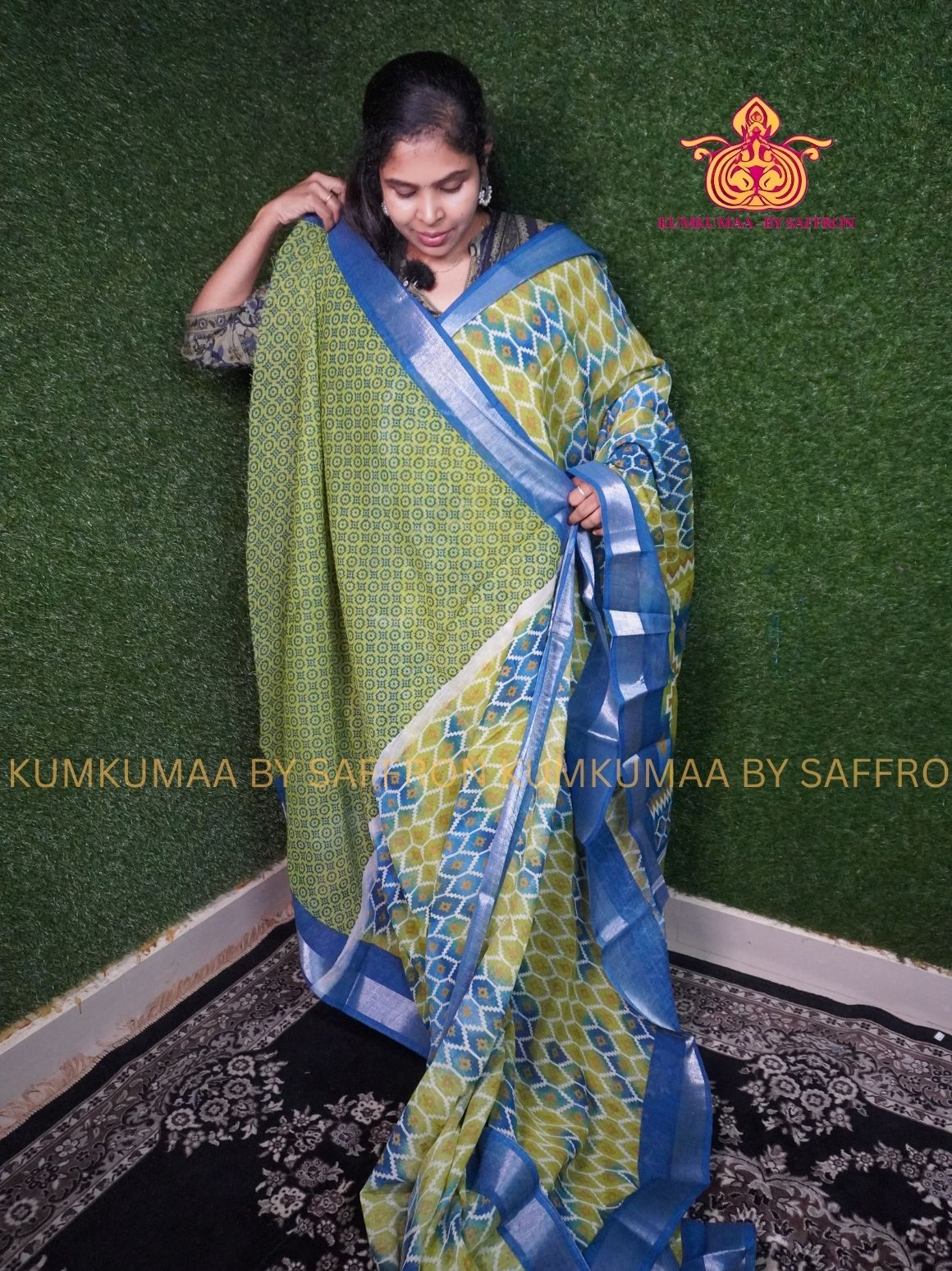 SOFT COTTON - GREEN AND BLUE - HONEY COMB DESIGN SAREE - ZARI MINIMALIST BORDER - LATEST COLLECTION - KUMKUMAA BY SAFFRON - UNIQUE DESIGN