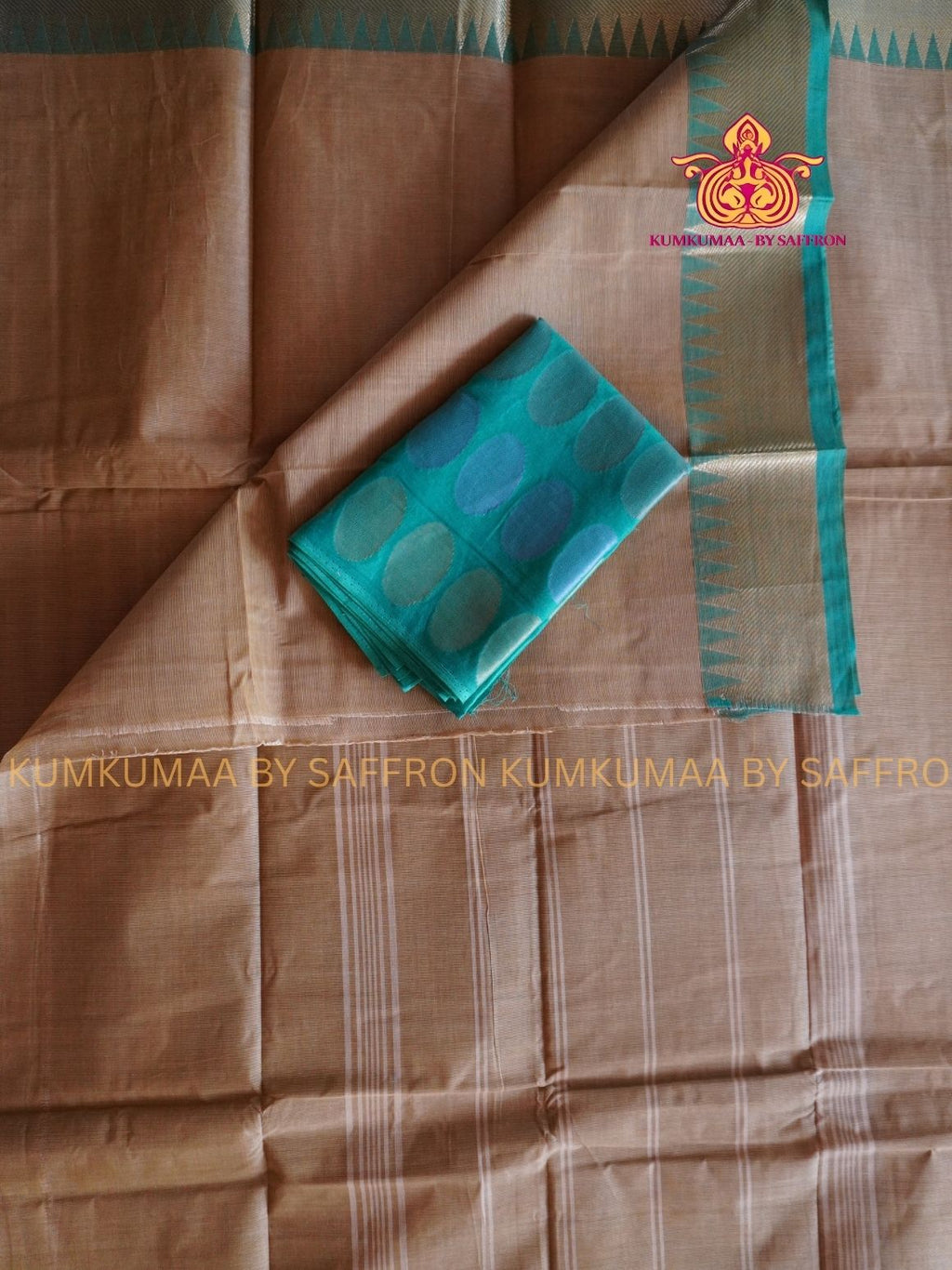 CHETTINAD COTTON - BEIGE SAREE WITH TURQUOISE BORDER - SOFT AND COMFORTABLE - Kumkumaa Exclusive COMFORT EVERYDAY SAREE