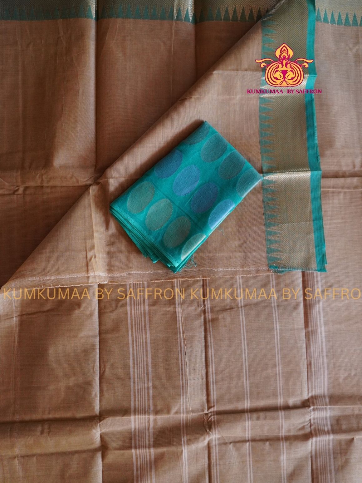 CHETTINAD COTTON - BEIGE SAREE WITH TURQUOISE BORDER - SOFT AND COMFORTABLE - Kumkumaa Exclusive COMFORT EVERYDAY SAREE