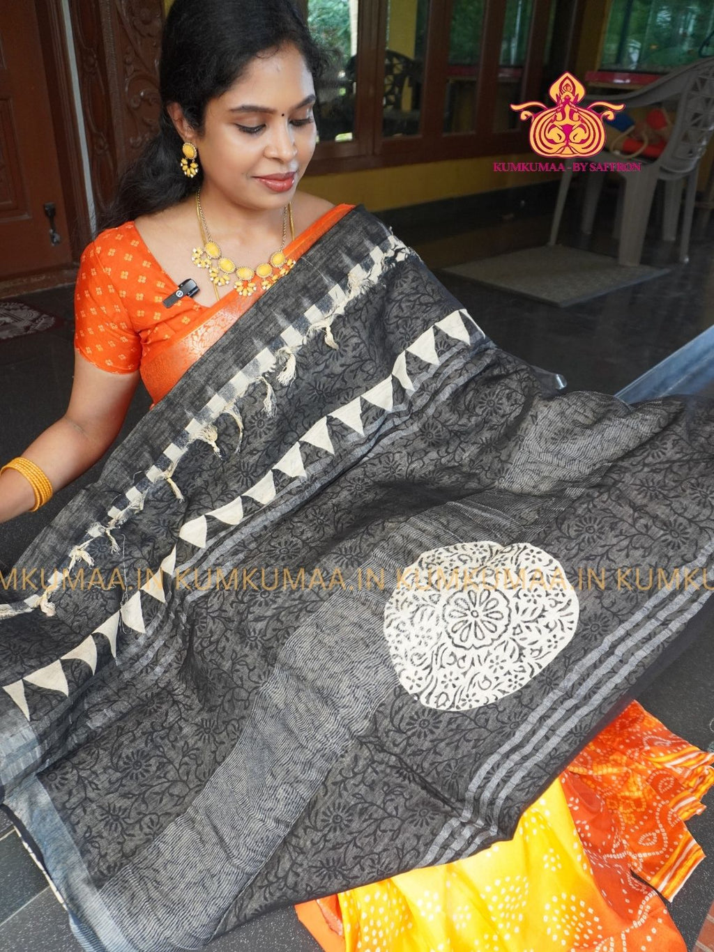 LINEN COTTON- BLACK WITH RED AND WHITE STRIPED DESIGN PRINTED SAREE- Soft and comfortable everyday wear saree - WITH BLOUSE - Kumkumaa exclusive - Comfort wear Collection- Trendy and comfortable