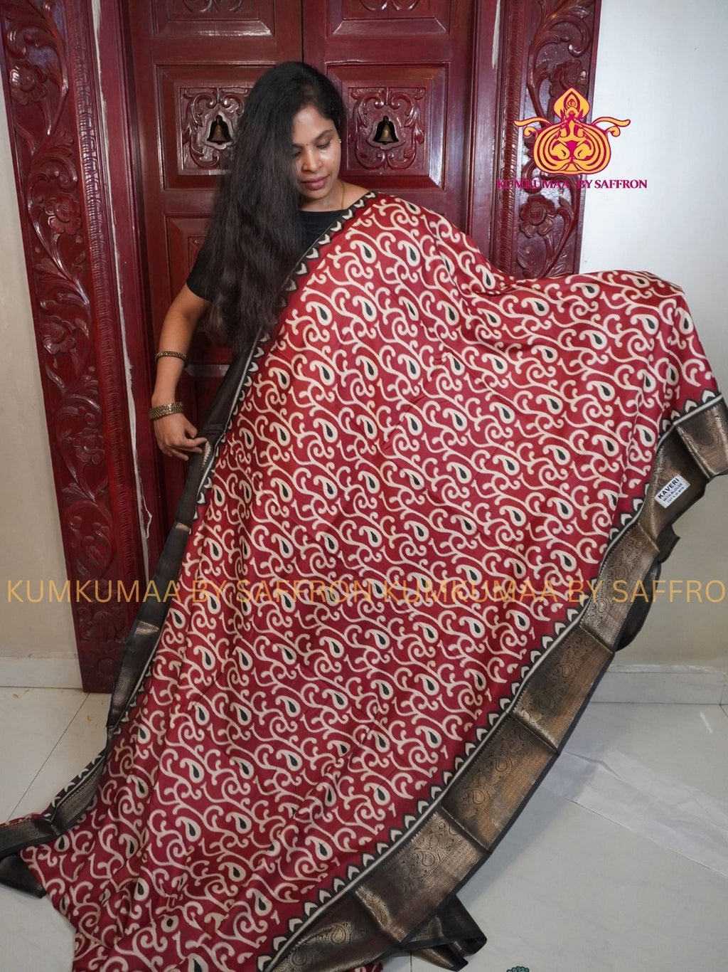Dola Silk - COMFORTABLE FESTIVE Beautiful saree for women-RED-BLACK COLOUR - FLORAL PRINT - ZARI BORDER - KUMKUMAA TRENDY TRADITIONAL WEAR - Comfort - Confidence - Elegance