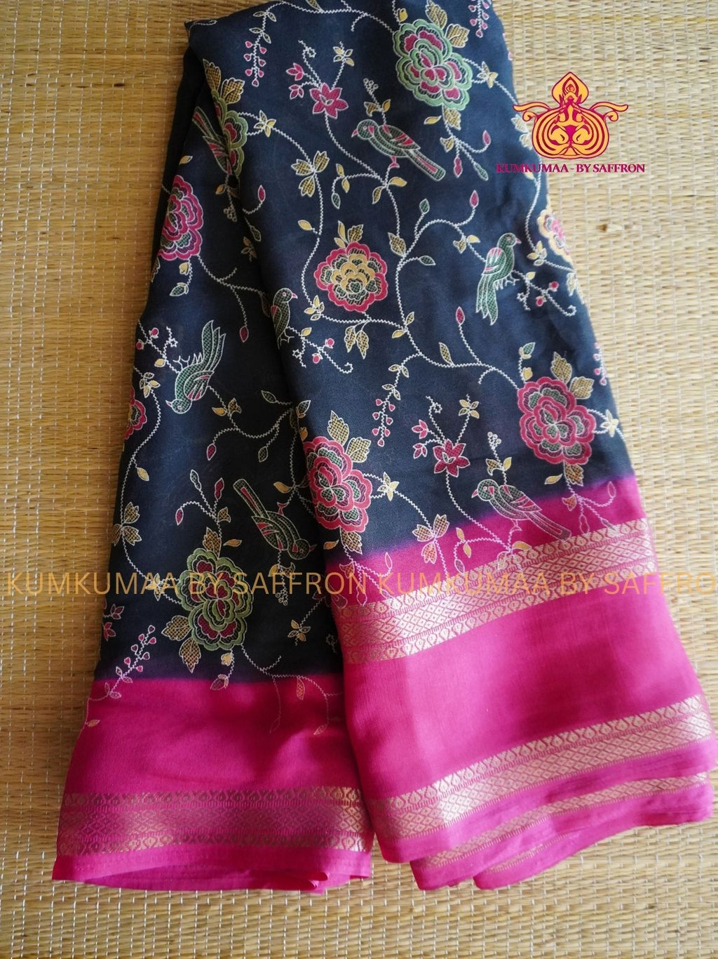 GEORGETTE- BLACK AND PINK SAREE WITH MULTICOLOUR FLORAL DESIGN - PARTY WEAR - EXCLUSIVE KUMKUMAA COLLECTION- FLOWY MATERIAL -CHIC AND GORGEOUS